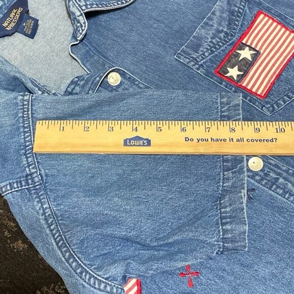 July 4th USA Flag Freedom Denim Shirt Button Up Cotton Natural Impressions M - Picture 6 of 10